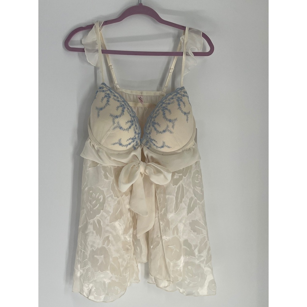 Inner Secrets Floral Burnout Babydoll Lingerie Set Women 2X Cream Blue Bridal